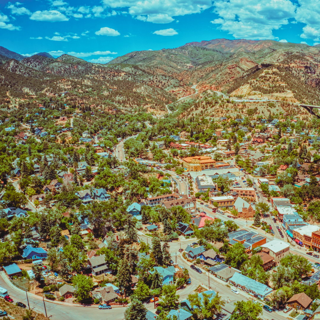 an aerial view of Manitou Springs, Colorado