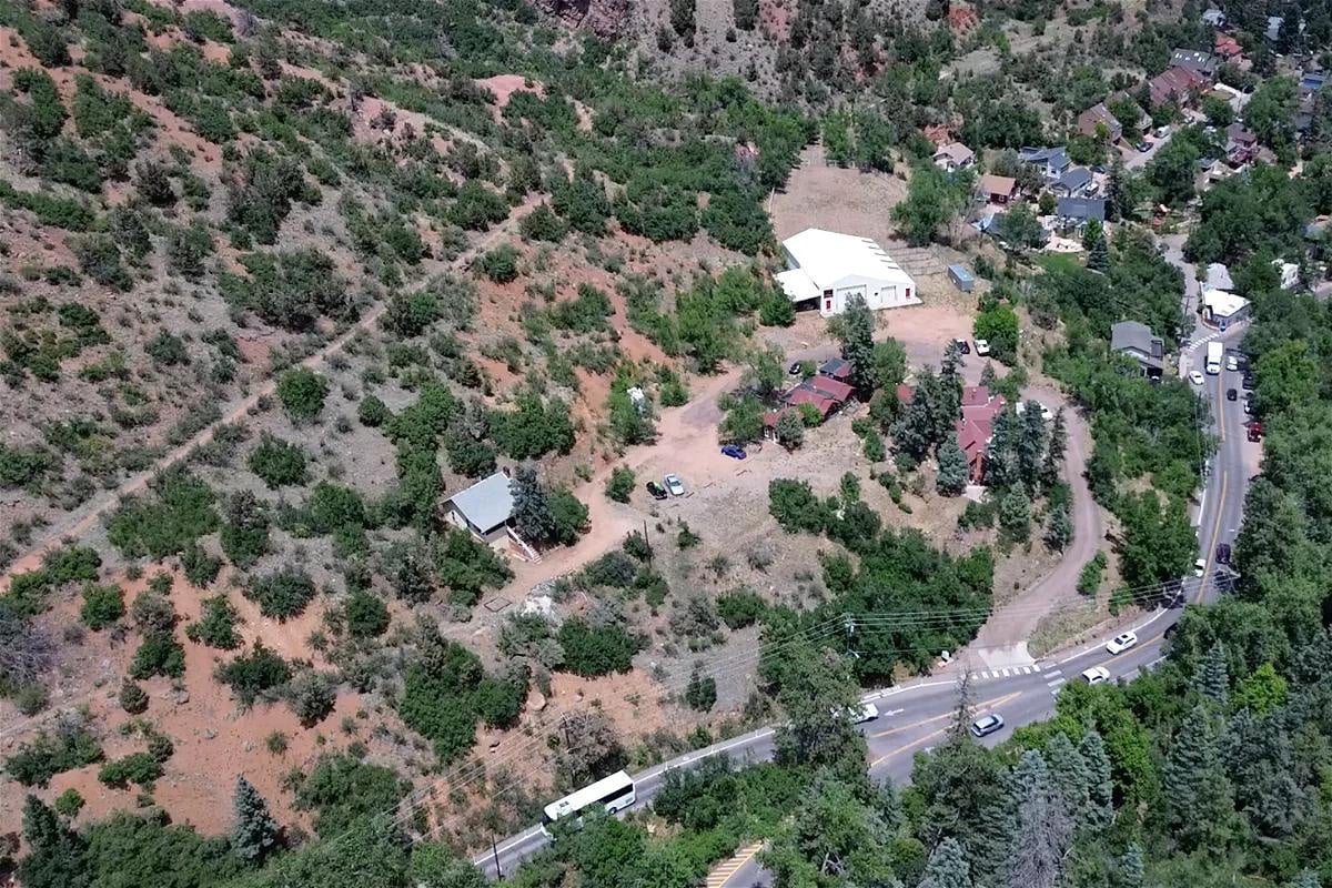 a bird's eye view of the old Midland Railroad and the stables where a proposed parking lot could be located, in Manitou Springs, Colorado.